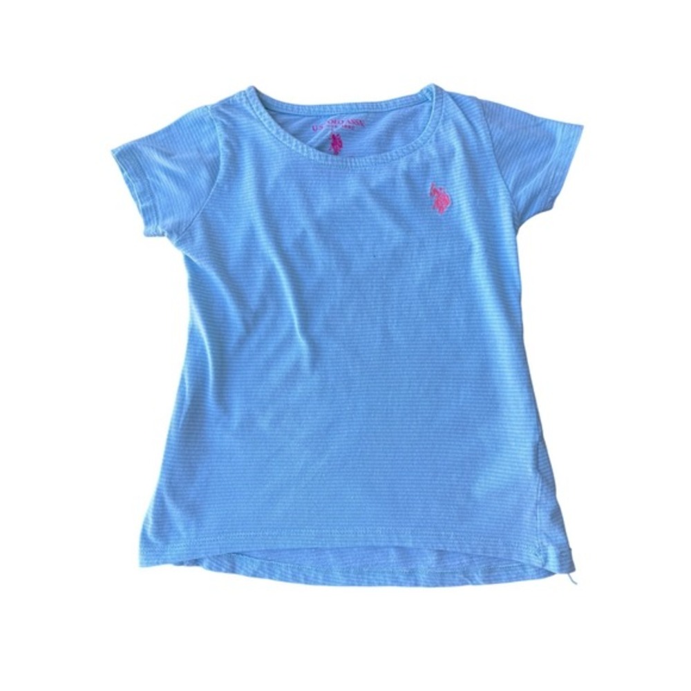 U.S. Polo‎ Assn Girls Size 6X Light Blue Striped T Shirt Short Sleeve Pink Logo